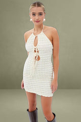 Beige Textured Mini Dress Backless