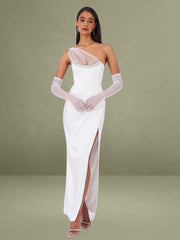 Lora White Crystal Embellished Mesh Satin Corset Gown