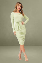 Green Bodycon Dress Long Sleeve Midi Ruched