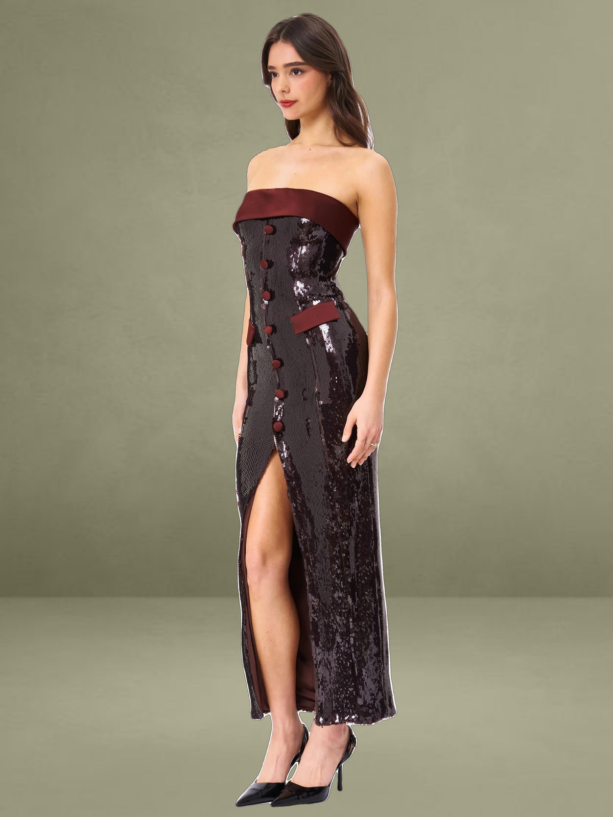 Burgundy Brown Sequin Maxi Pencil Dress