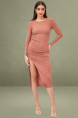 Brown Midi Dress Long Sleeve Bodycon