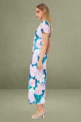 Pink Abstract Maxi Dress Short Sleeve Crew Neck Bodycon Mesh