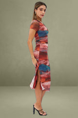 Brown Abstract Midi Dress Short Sleeve Bodycon Mesh