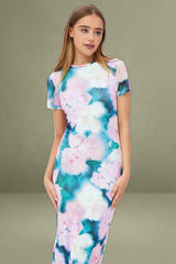 Pink Abstract Maxi Dress Short Sleeve Crew Neck Bodycon Mesh