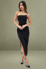 Black One-Shoulder Diamante Trim Cut-Out Maxi Dress