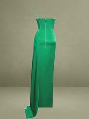 Vanity Green Satin High Slit Draping Corset Gown With Crystals