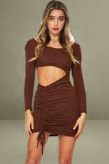 Brown Long-Sleeved Midi Dress