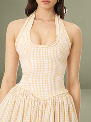 Idella Yellow Gingham U Neck Midi Dress