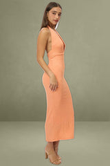 Orange Bodycon Dress Halter Neck Texured