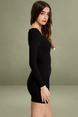 Black Notched Neck Rib Bodycon Dress
