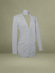 Tahlia Deep V Pinstripes Gray Blazer Dress with scarf collar