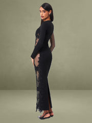 Lace Trim Crystal Net Cutout Long Sleeve Gown