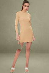 Beige Ribbed Bodycon Dress