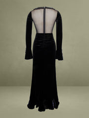 Black Velvet and Mesh Long Sleeve Maxi Dress