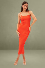 Orange Maxi Dress Textured Minimal Square Neck Bodycon