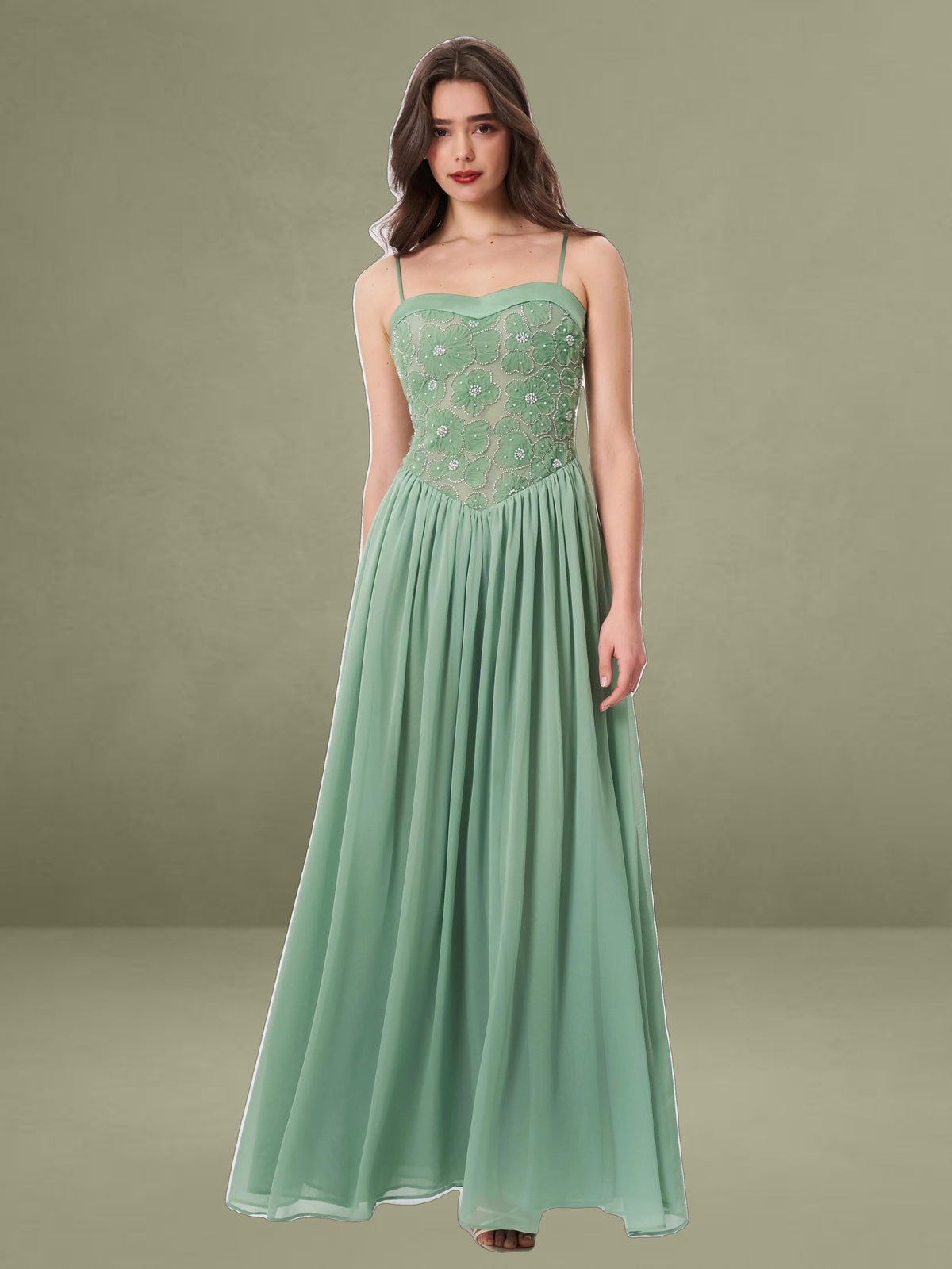 Ucille Sage Green Embroidered Chiffon Maxi Dress