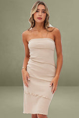 Beige Boob Tube Dress Midi Bodycon Ribbed Bandeau