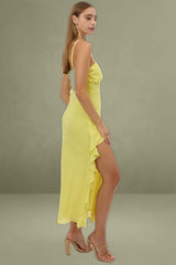 Yellow Bodycon Dress Maxi Ruffle Slit Chiffon
