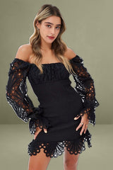 Black Embroidered Sleeve Shirred Bodycon Dress