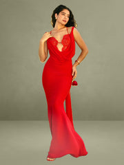 Ulanda Red Chiffon Lace Backless Maxi Train Dress