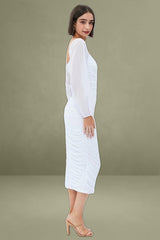 White Midi Dress Long Sleeve Square Neck Ruched Bodycon