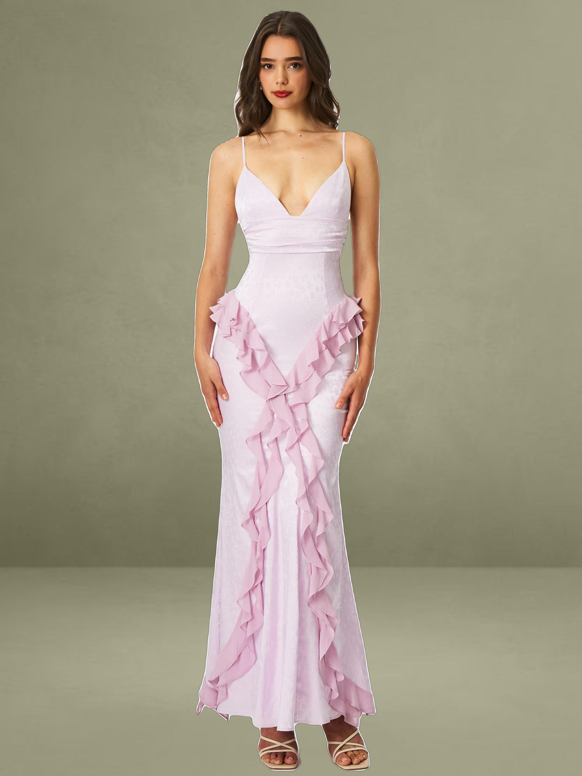 Paolina Taro Pink Jacquard Ruffle Mermaid Maxi Dress