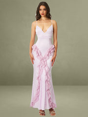 Paolina Taro Pink Jacquard Ruffle Mermaid Maxi Dress