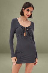 Grey Dress Long Sleeve Cut Out Details Bodycon Rib
