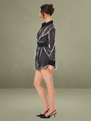 Rachelle Black Embroidered Mesh Mini Shirt Dress