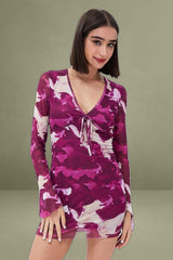 Pink Abstract Mesh Dress Long Sleeve Mini