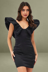 Black Ruffle Shoulder Plunging Statement Mini Dress