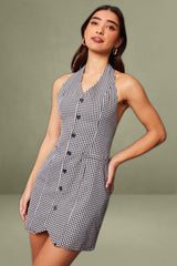 Black Check Halter Neck Mini Dress