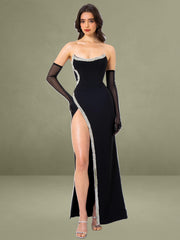 Xoana Black Crystal Embellished High Slit Gown