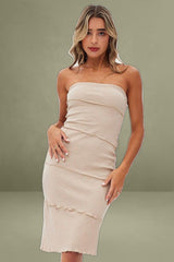 Beige Boob Tube Dress Midi Bodycon Ribbed Bandeau