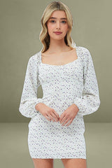 White Floral Midi Dress Long Sleeve Gathering Bust