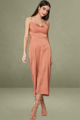 Brown Midi Dress Cowl Neck Satin