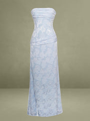 Baby Blue Jacquard Textured High Slit Maxi Dress