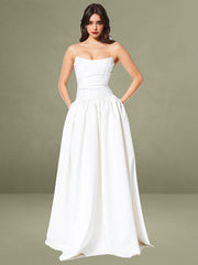 Umay White Drop Waist Satin Corset Bridal Gown