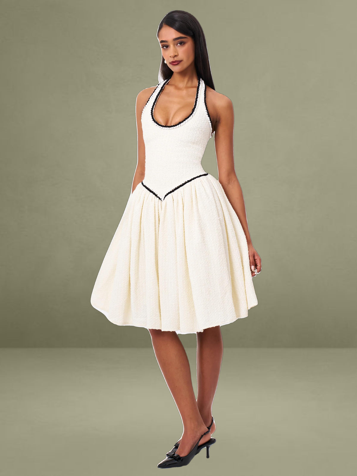 Natalie U Neck Halter Drop Waist Tweed Midi Dress