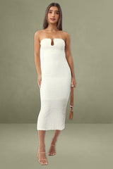 White Textured Midi Bodycon Boob Tube Dress