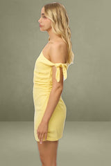 Yellow Bodycon Linen Dress with Tie-up Shoulder