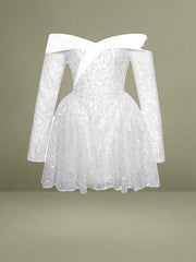 Bead Embroidered Mesh Off-Shoulder Long Sleeve Mini Dress