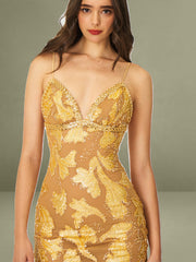 Edie Gold Beaded Sequin Midi Pencil Dress