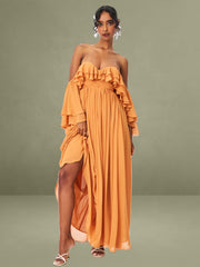 Kaela Brickwork Off Shoulder Chiffon Maxi Dress