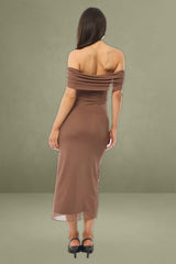 Brown Bodycon Dress Off Shoulder Mesh