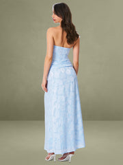 Baby Blue Jacquard Textured High Slit Maxi Dress