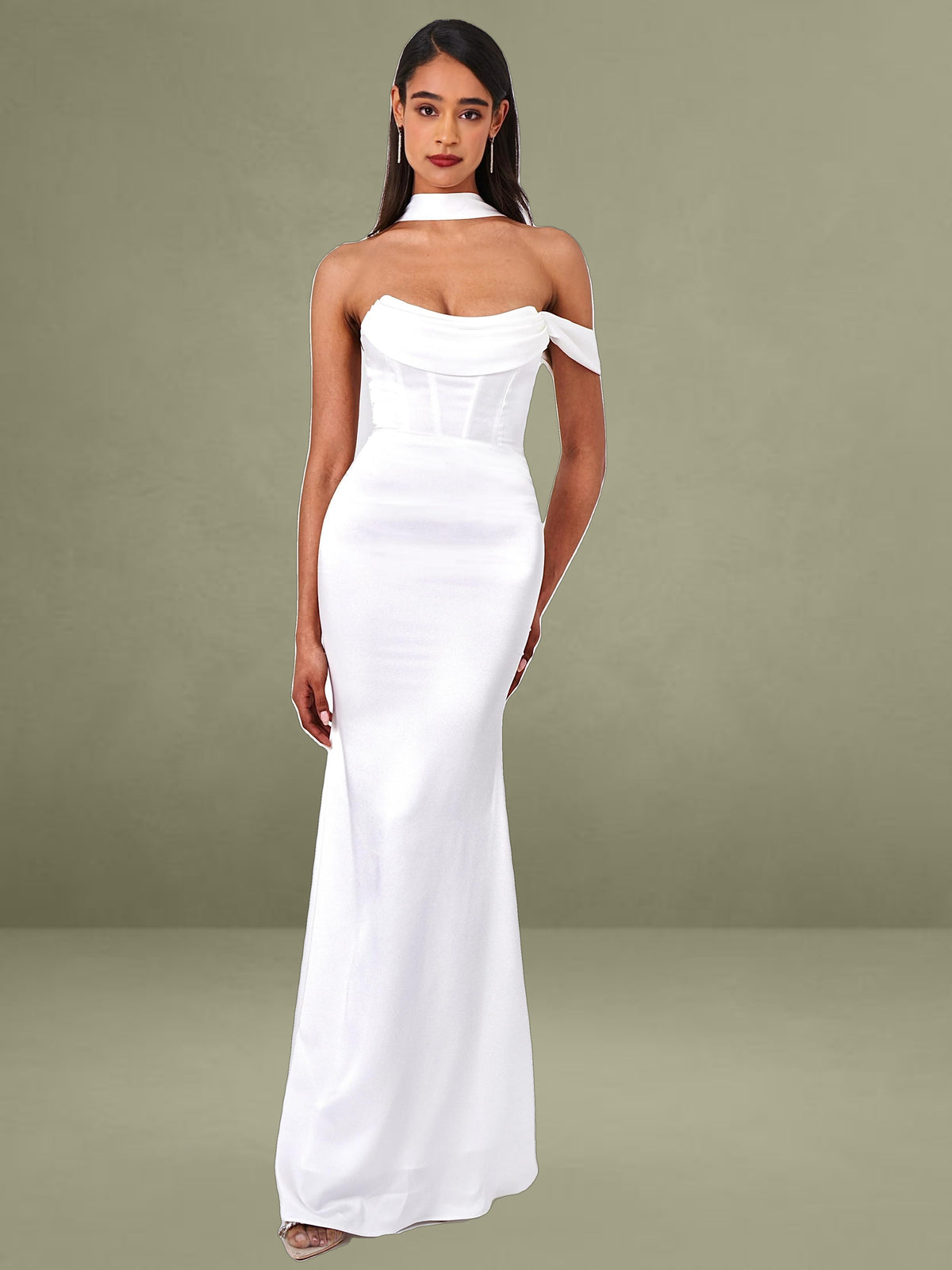 Ivona White Halter Neck Double Duchess Satin Gown