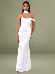 Ivona White Halter Neck Double Duchess Satin Gown