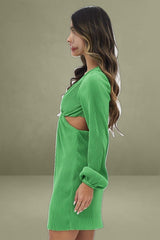 Green Plisse Dress Plunging Ring Detail Balloon Sleeve