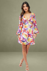 Multi Floral Dress Watercolour Print Ring Front Balloon Sleeve